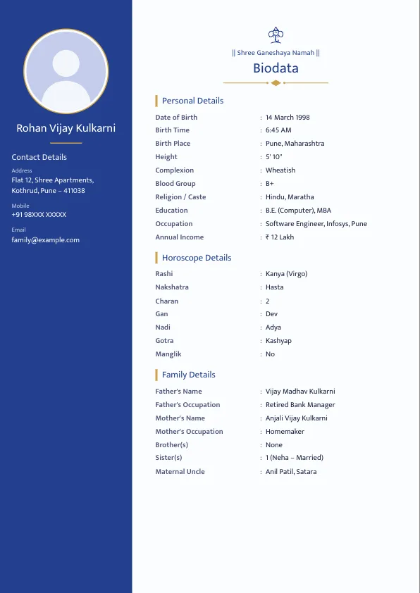 Royal Blue – marriage biodata format with photo