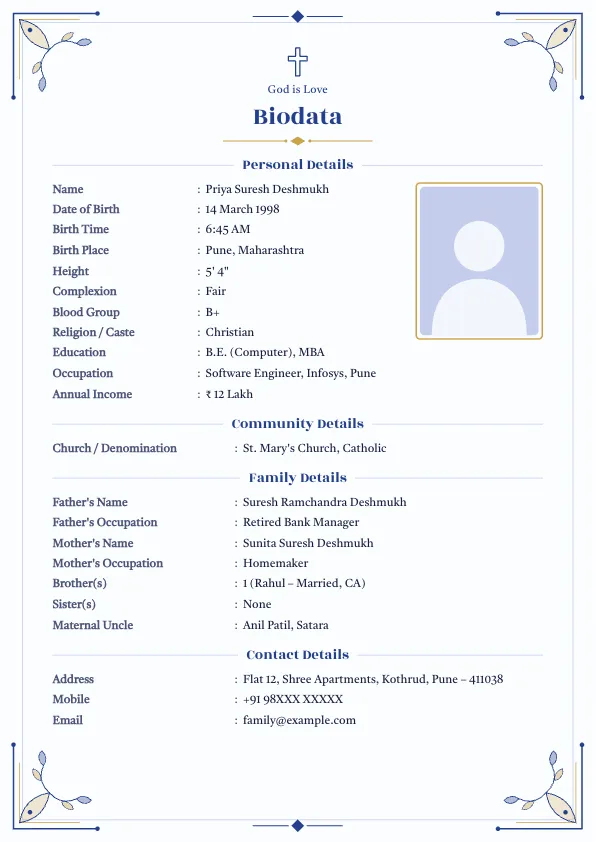 Royal Blue Classic – marriage biodata format with photo