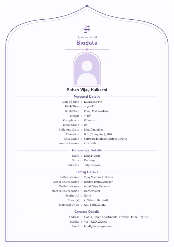 Lavender Bloom – marriage biodata format with photo