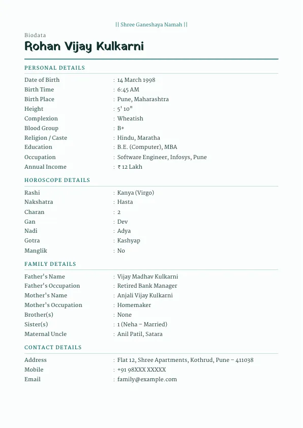Peacock Minimal – marriage biodata format with photo