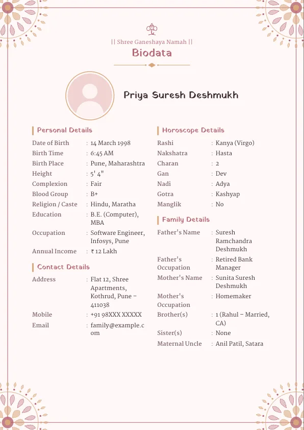 Blush Rangoli – marriage biodata format with photo