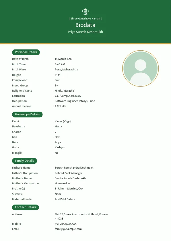 Emerald Band – marriage biodata format with photo