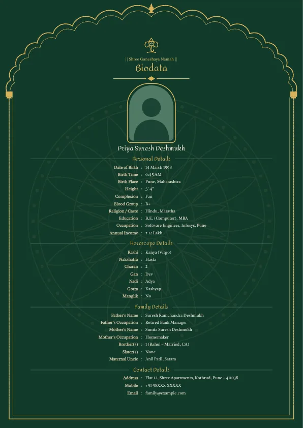Emerald Jharokha – marriage biodata format with photo