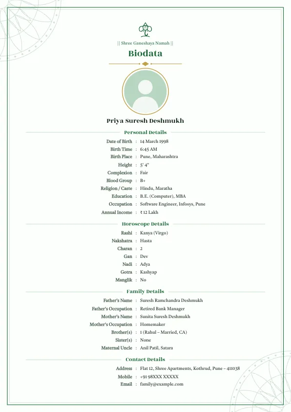 Emerald Mandala – marriage biodata format with photo