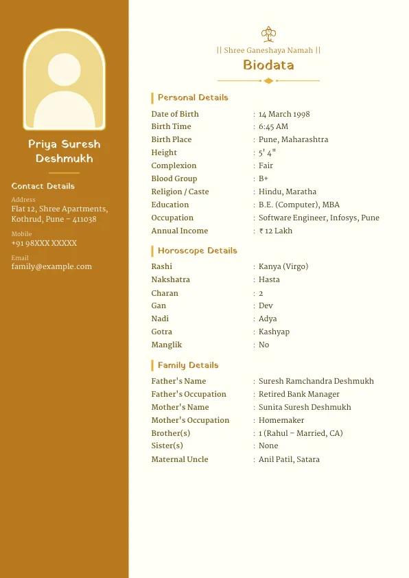 Haldi Sidebar – marriage biodata format with photo