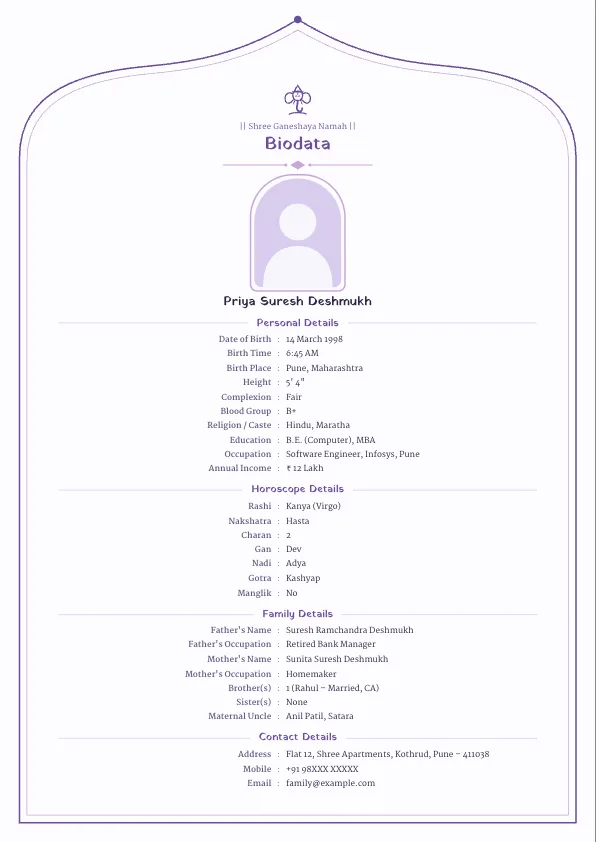 Lavender Bloom – marriage biodata format with photo