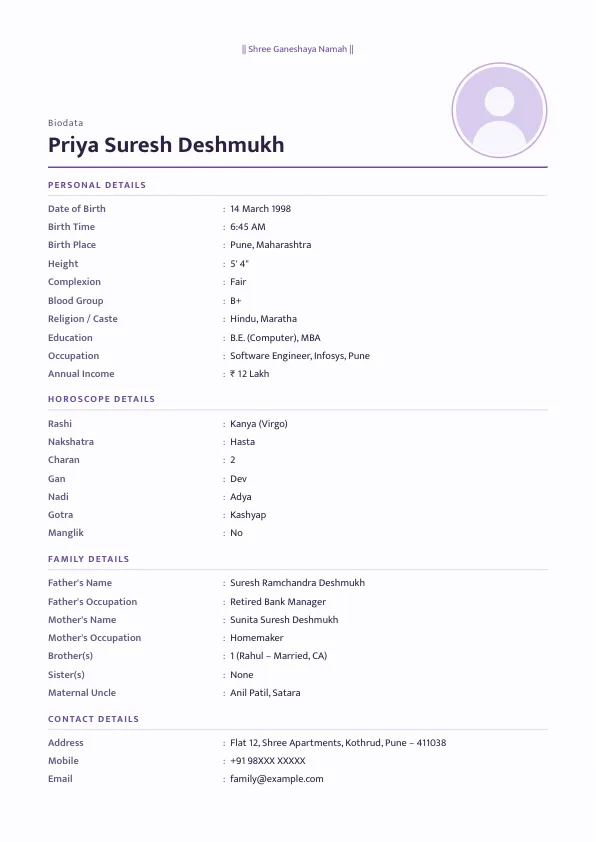 Lavender Minimal – marriage biodata format with photo