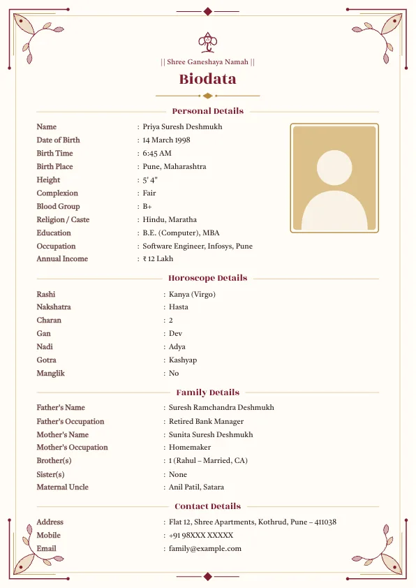 Maroon Heritage – marriage biodata format with photo