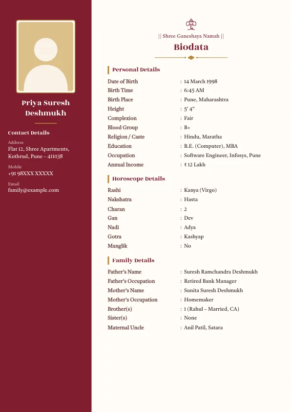 Maroon Sidebar – marriage biodata format with photo