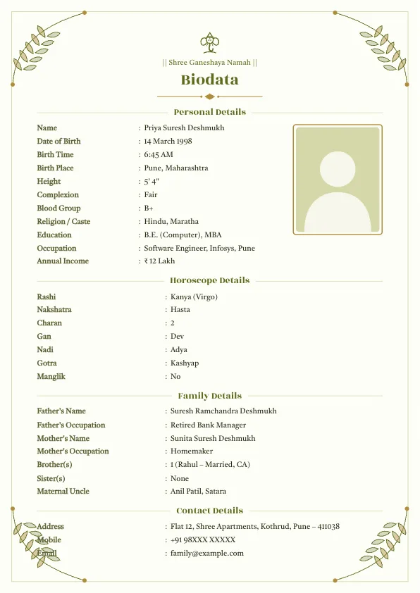 Mehndi Leaf – marriage biodata format with photo