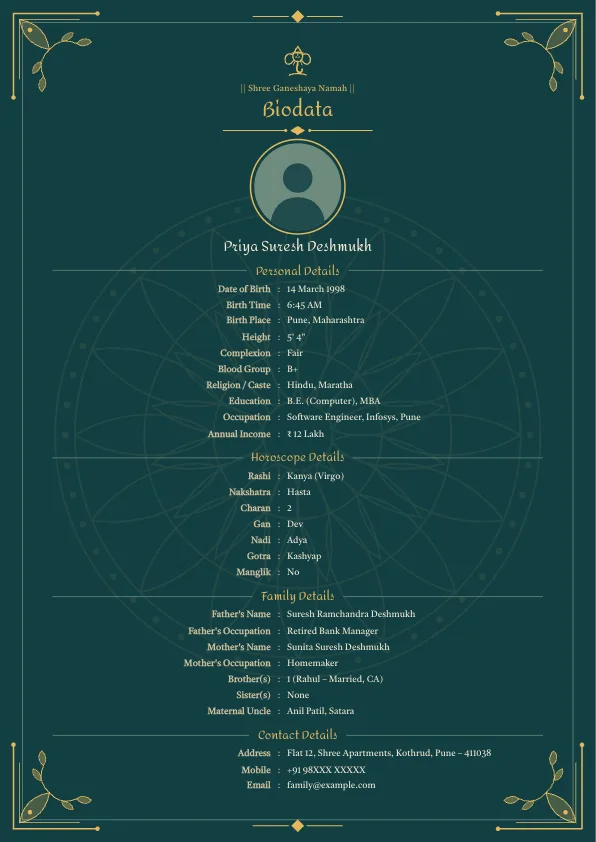 Night Teal Royal – marriage biodata format with photo