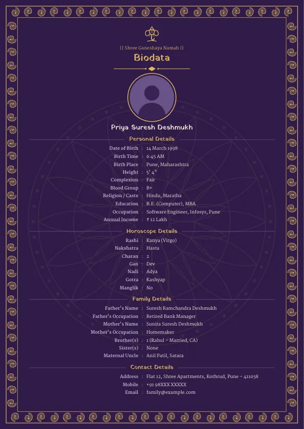 Royal Purple Paisley – marriage biodata format with photo