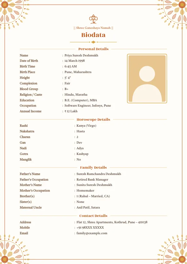 Rangoli Festive – marriage biodata format with photo