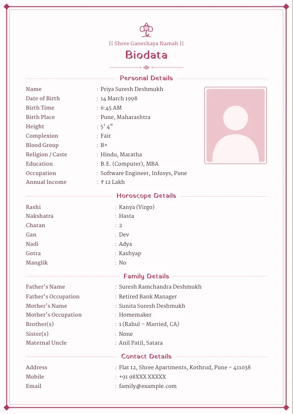 Rose Classic – marriage biodata format with photo