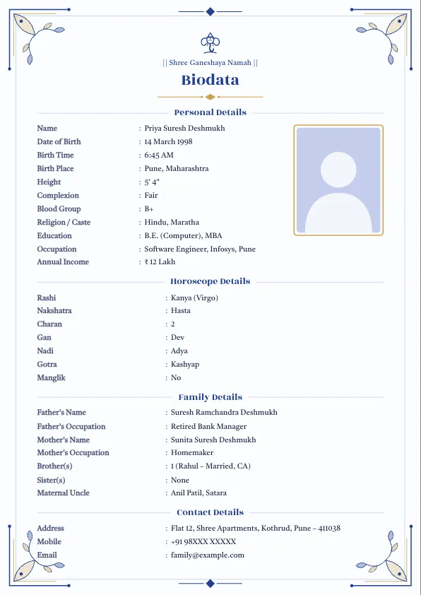 Royal Blue Classic – marriage biodata format with photo
