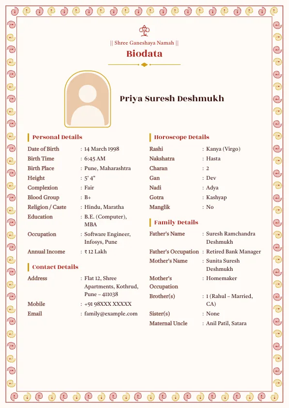 Sindoor Paisley – marriage biodata format with photo