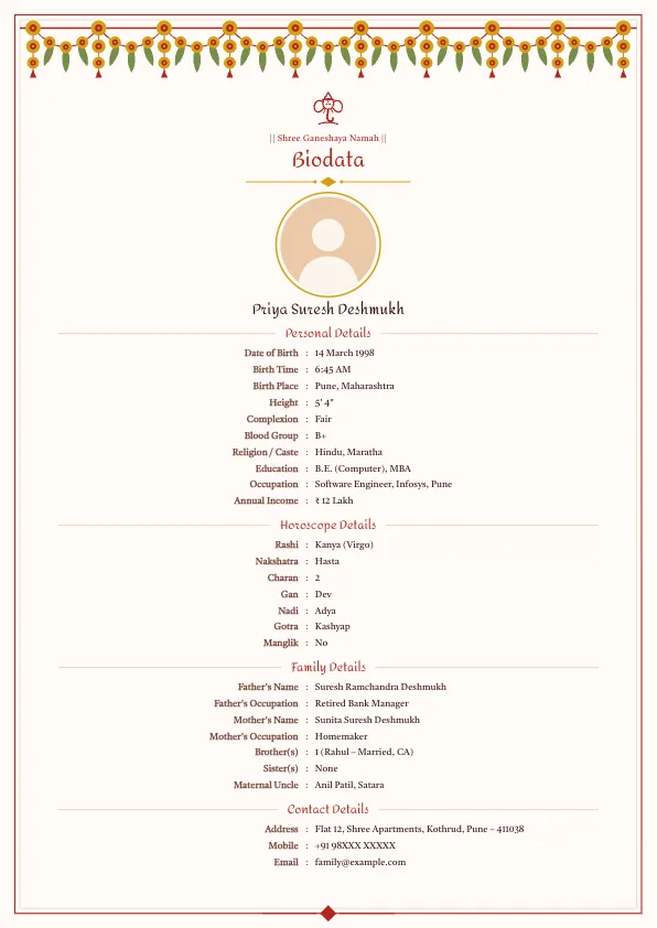 Sindoor Toran – marriage biodata format with photo